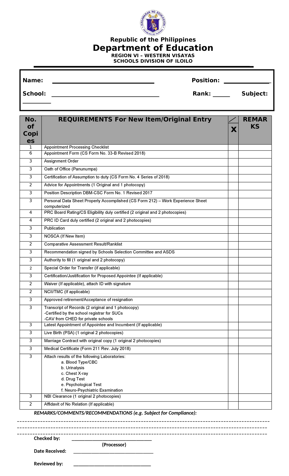 Updated Requirements Checklist for Appointment Processing (CS Form No ...