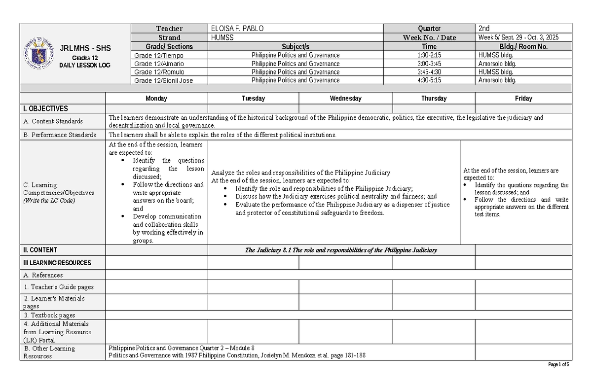 PPG DLL WEEK 6: Daily Lesson Log for Philippine Politics & Governance ...