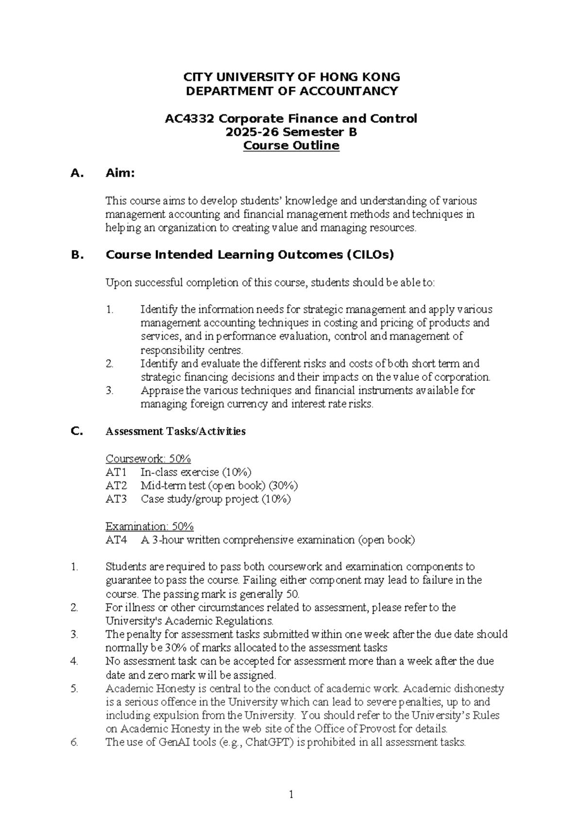 AC4332 Corporate Finance & Control Semester B Course Outline 2025-26 ...