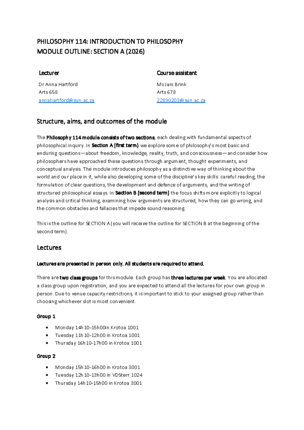 PHILOSOPHY 114: INTRODUCTION TO PHILOSOPHY SECTION A MODULE OUTLINE ...