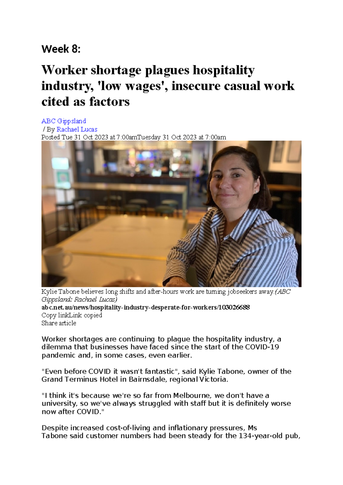 Week 8 Case Study: Causes of Worker Shortages in Hospitality Sector -  Studocu