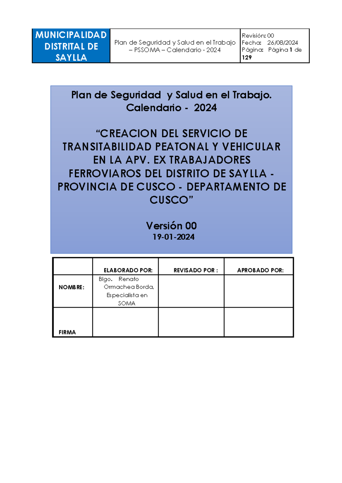 Plan de Seguridad y Salud en el Trabajo - Saylla 2024 (PSSOMA) - Studocu