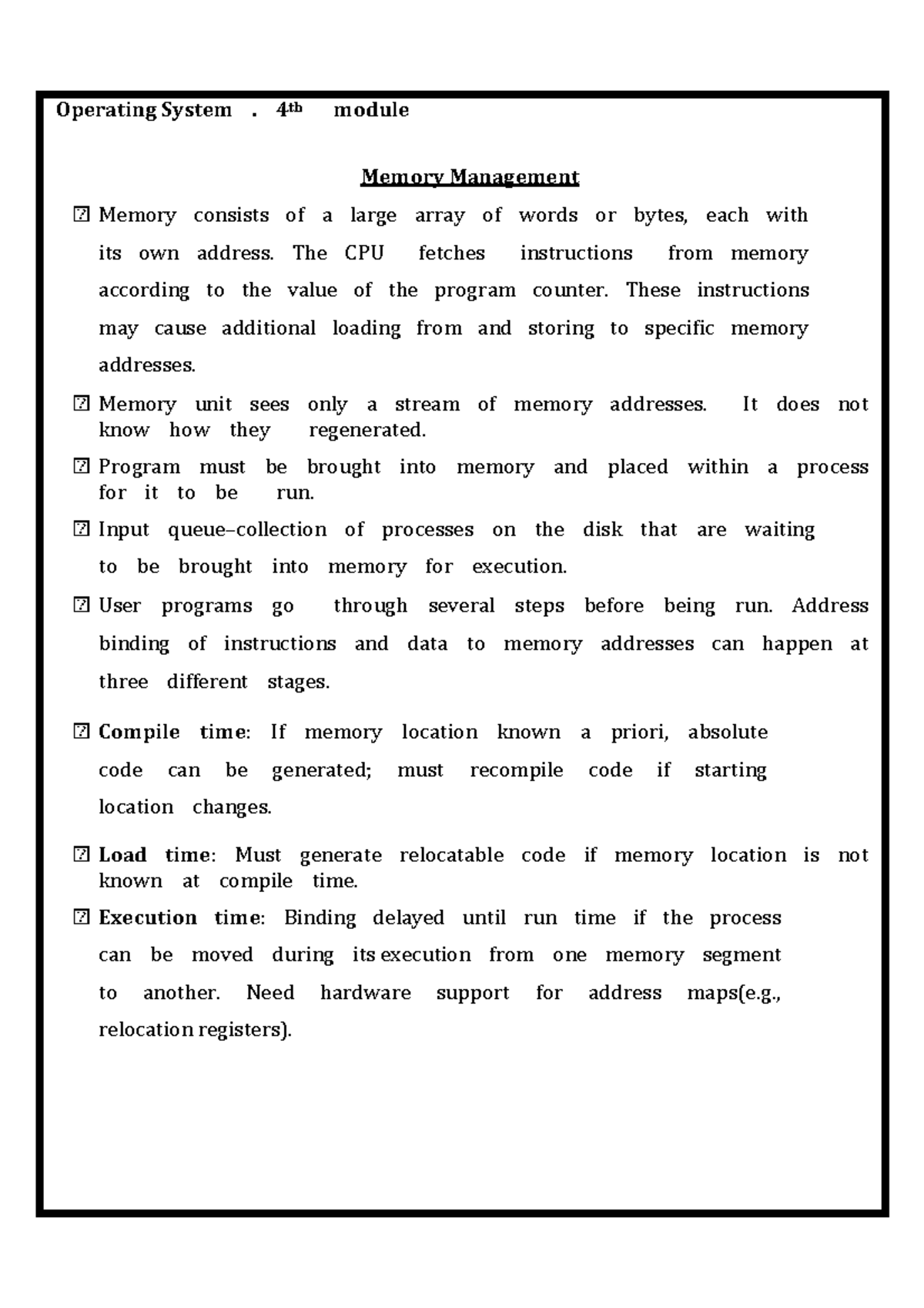 OS 4th Module: Memory Management Notes - Studocu