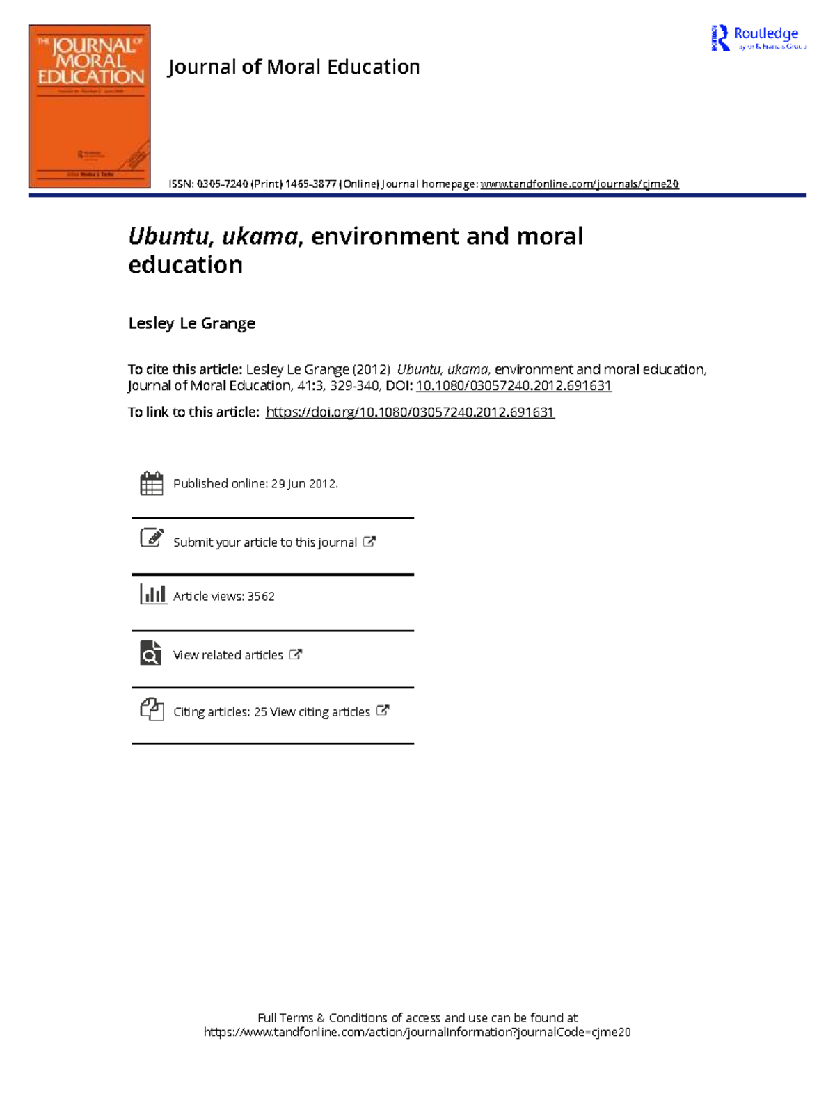 Ubuntu, Ukama, Environment, and Moral Education: A Study - Studocu