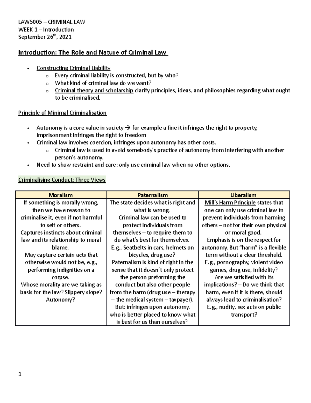 (Crim)Week 1 - Introduction The Role and Nature of Criminal Law - WEEK ...