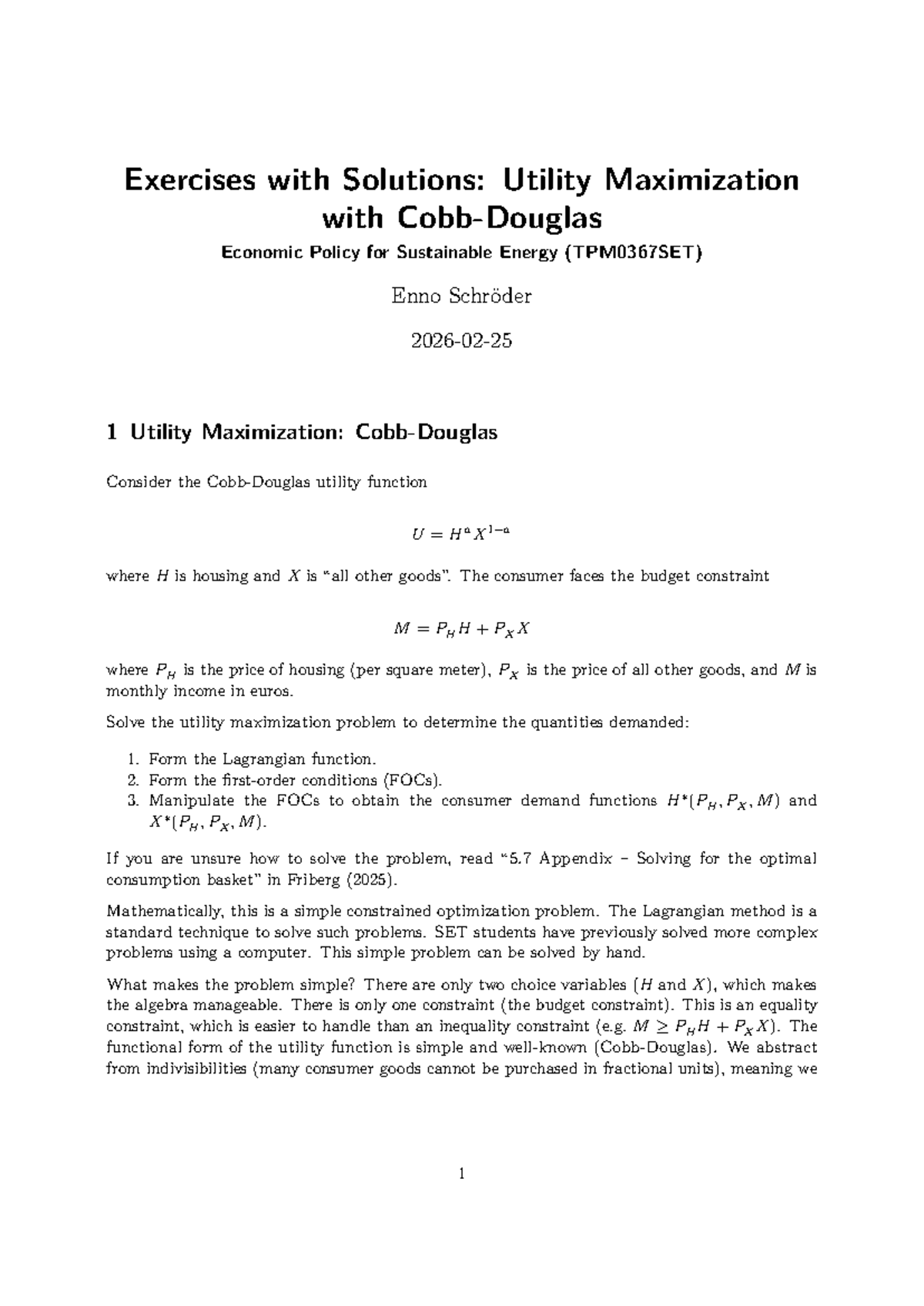 Utility Maximization Exercises with Solutions (TPM0367SET) - Studeersnel