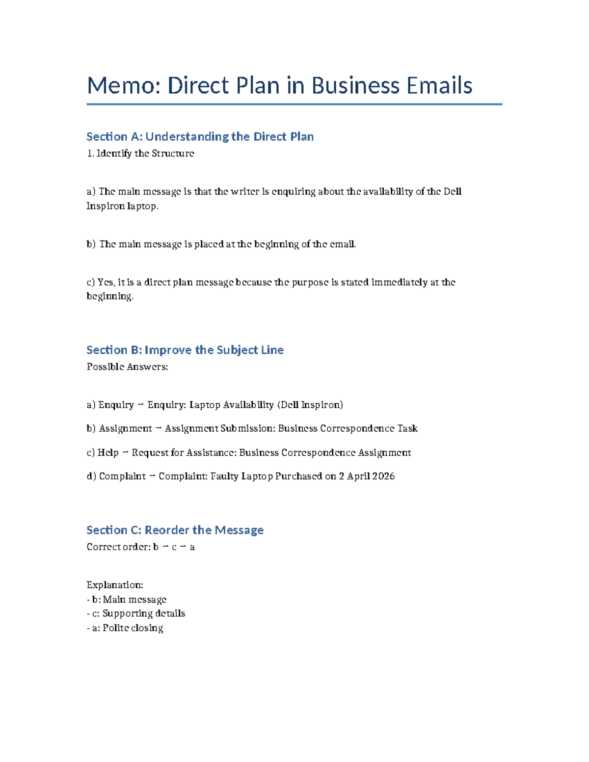 Direct Plan Memo: Business Emails Structure & Examples - Studocu