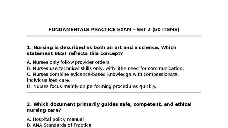 Fundamental Practice Exam 2 (50 Items) - Nursing Concepts - Studocu