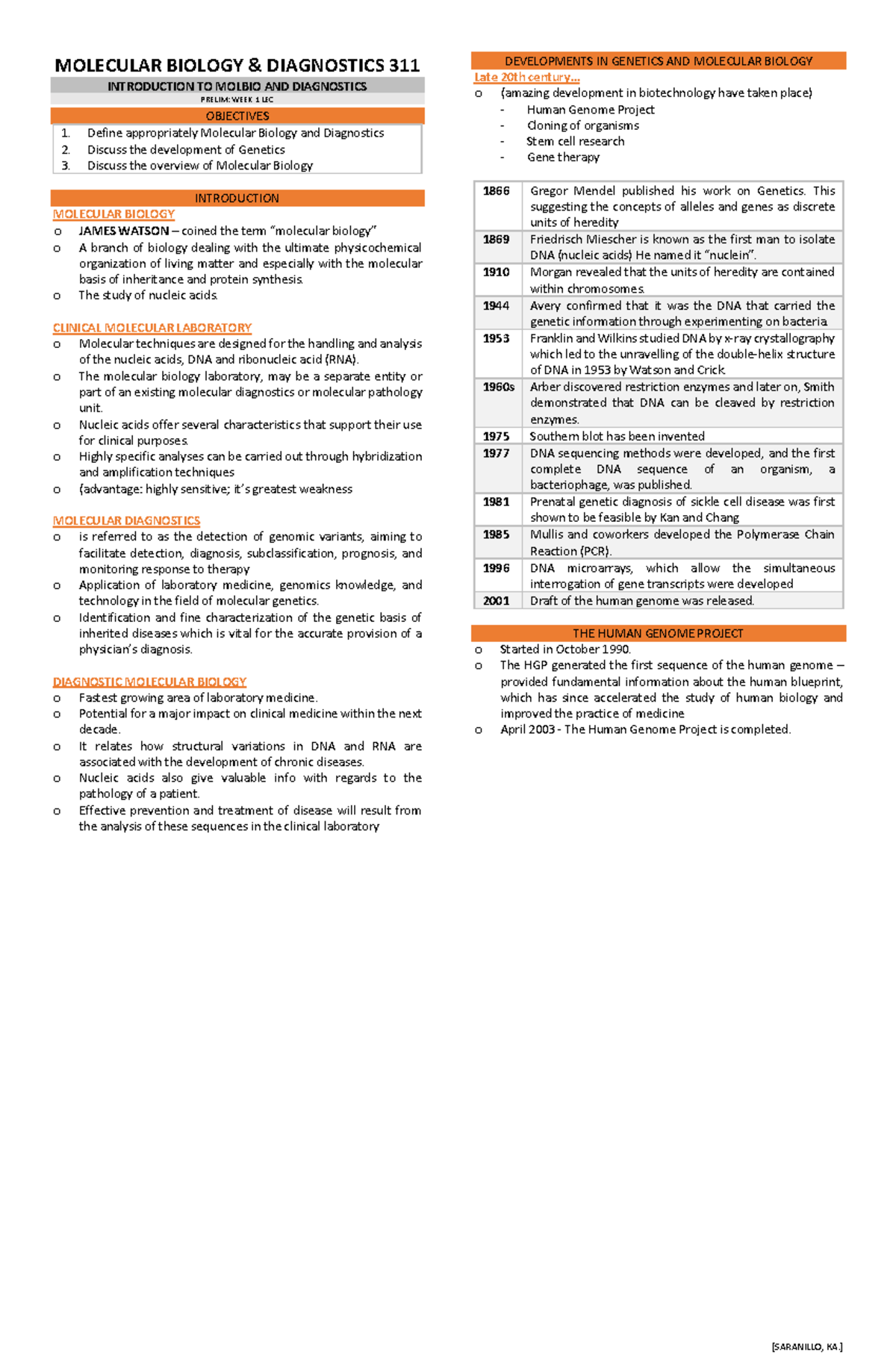Molecular Biology Diagnostics 311: Week 1-8 Lecture Notes Compilation ...