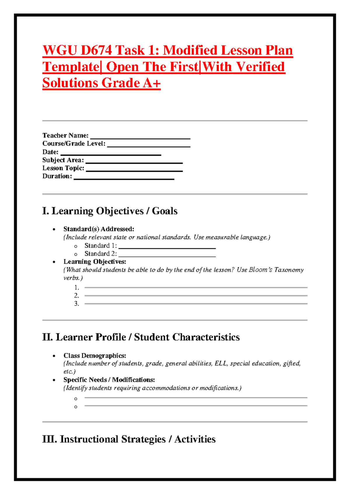 WGU D674 Task 1: Modified Lesson Plan Template Guide - Studocu