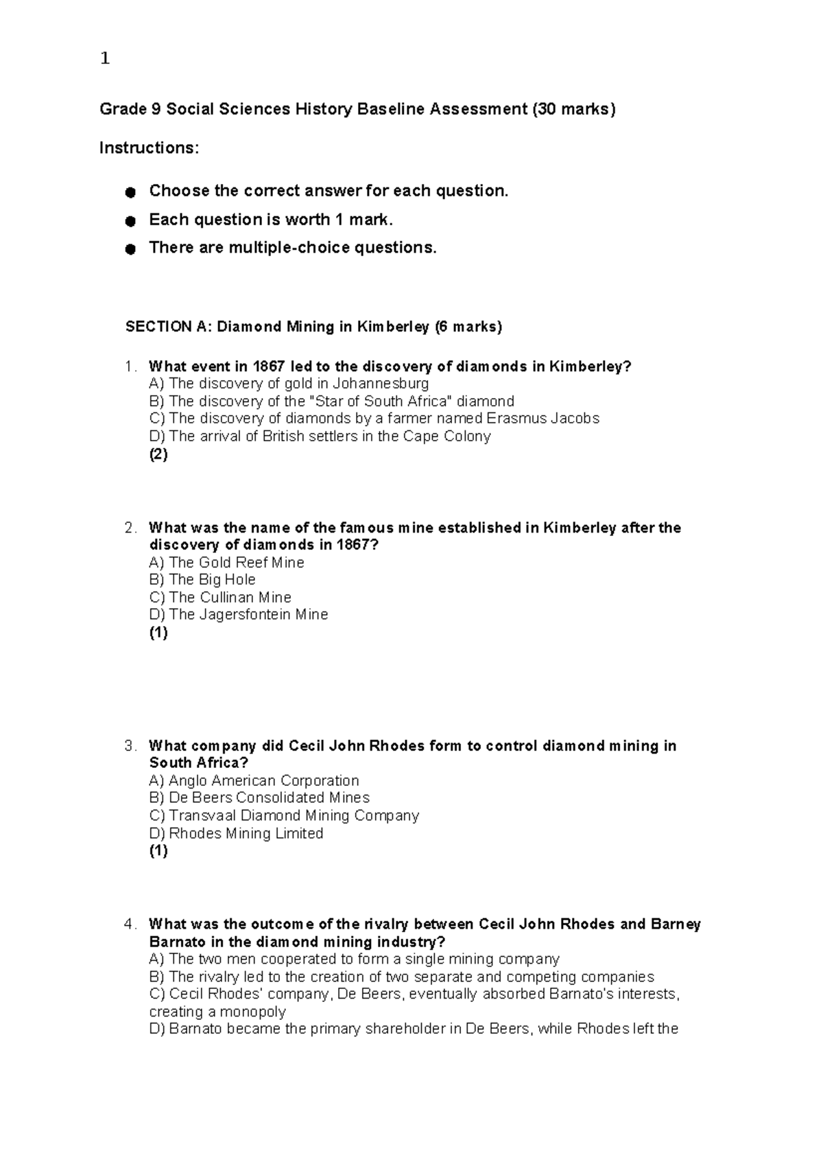 Grade 9 Social Sciences History Baseline Assessment (30 Marks) - Studocu