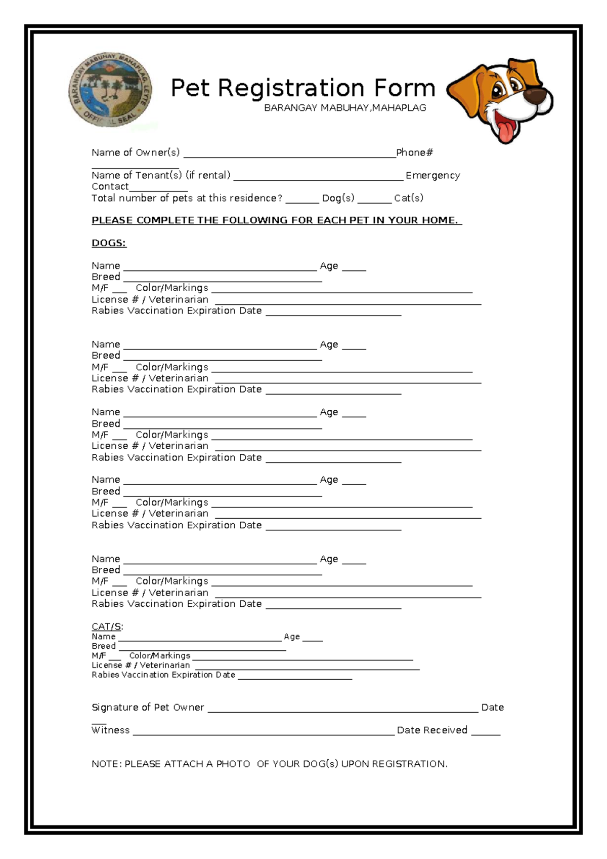 Pet Registration Form for Dogs and Cats - BARANGAY MABUHAY - Studocu