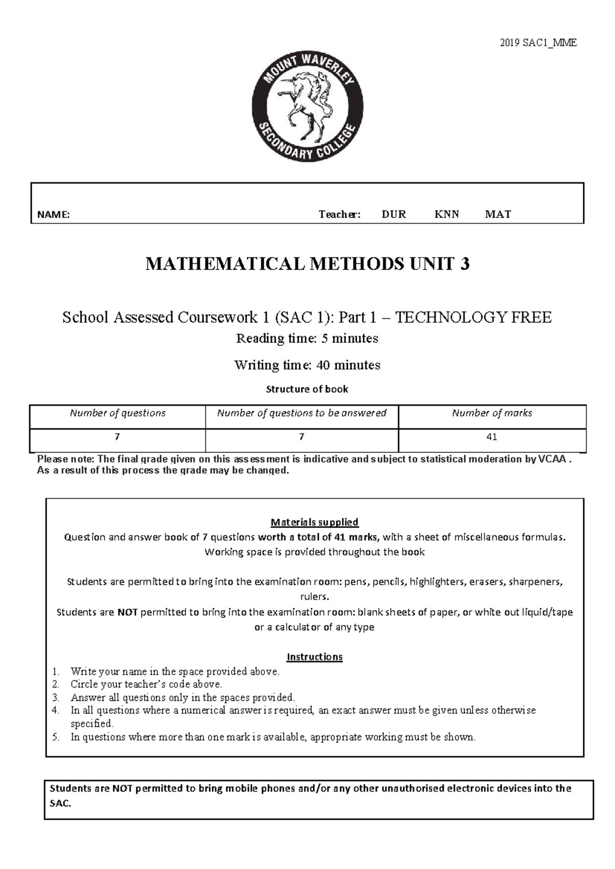 2019 MME SAC 1 Part 1 - Mathematical Methods Unit 3 Exam - Studocu