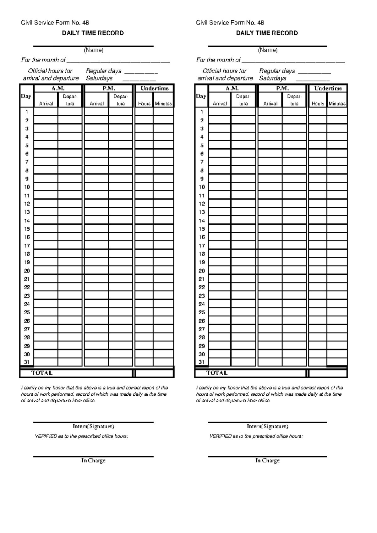 GIP-DTR-1: Daily Time Record Form No. 48 for Interns - Studocu
