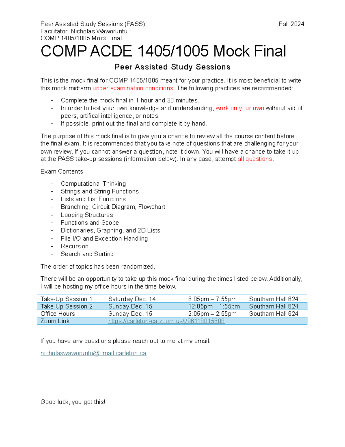 mock final test - Facilitator: Nicholas Waworuntu COMP 1405/1005 Mock ...