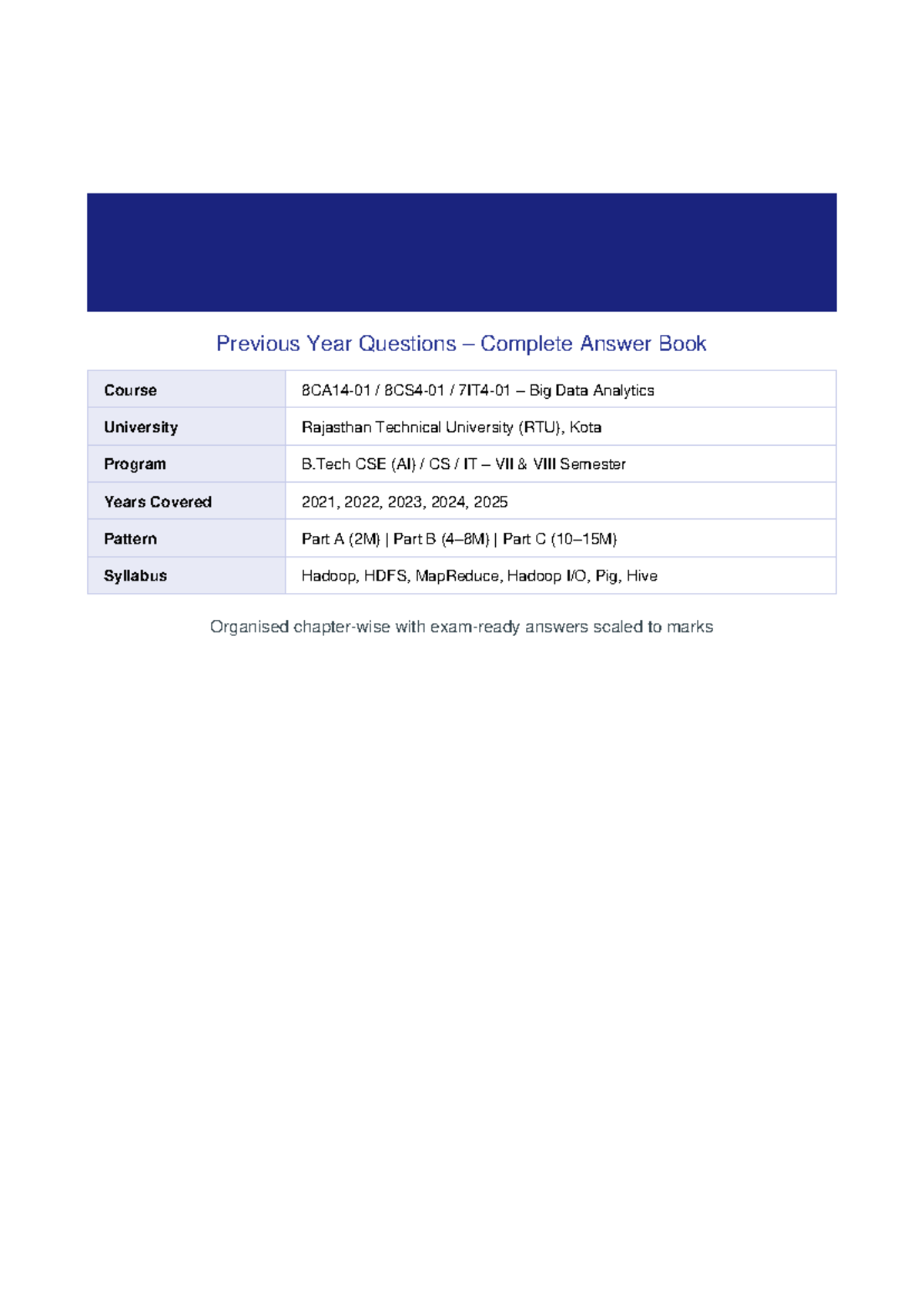 BDA PYQ Answer Book: Big Data Analytics Previous Year Questions - Studocu