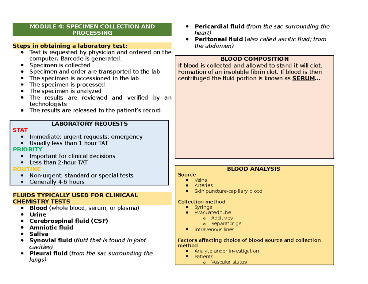 CC1 Module 4&5 Specimen Collection and Processing Guide - Studocu
