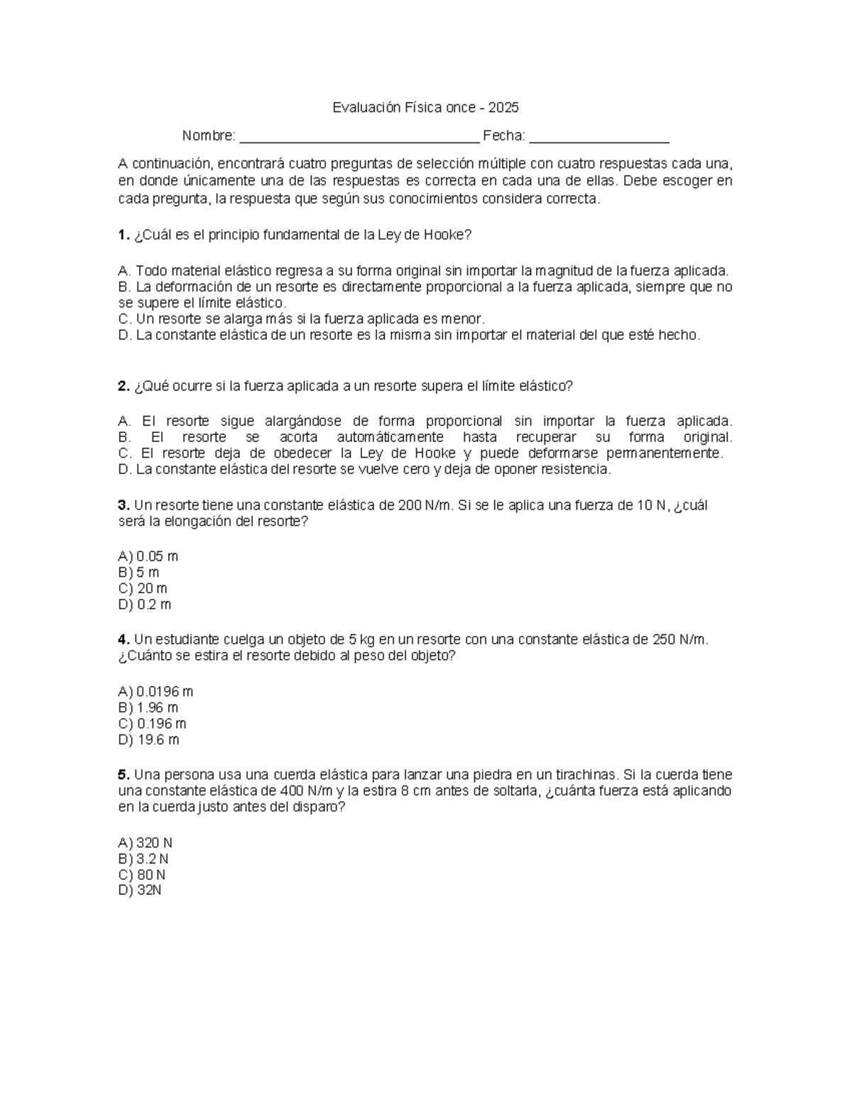 Evaluación 1 Física 11 - Preguntas de Selección Múltiple - Studocu