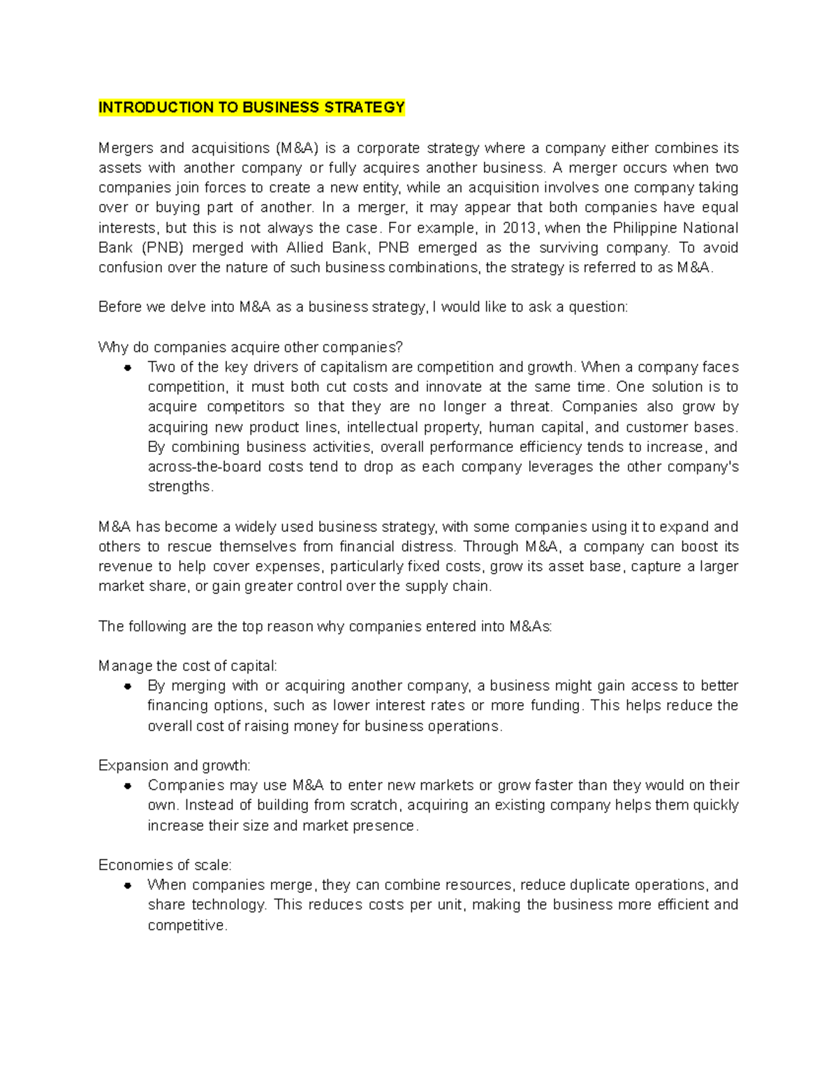 Mergers and Acquisitions (Script) - INTRODUCTION TO BUSINESS STRATEGY ...