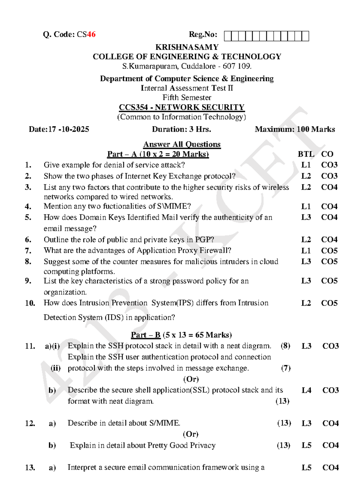 CCS354 Network Security IAT II - Internal Assessment Test Notes - Studocu