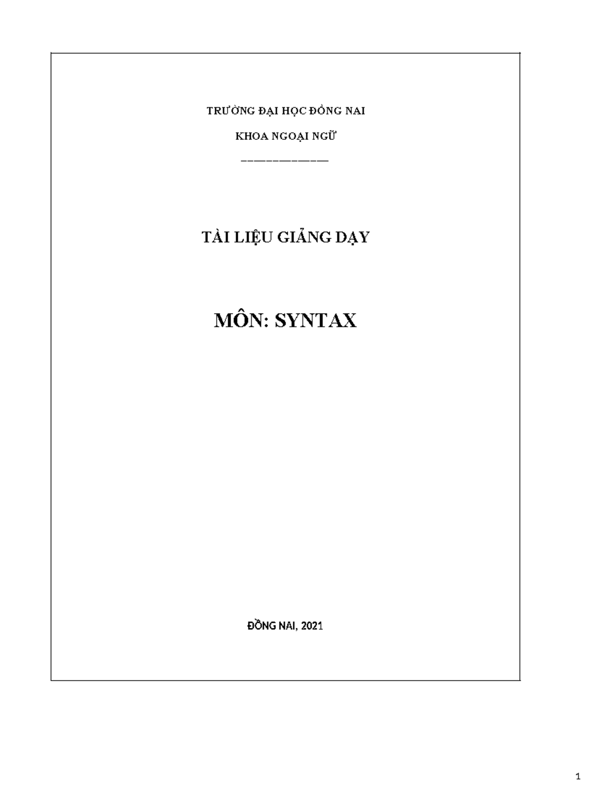 Syntax Lecture Notes - Course Code: SYNTAX - Đồng Nai, 2021 - Studocu