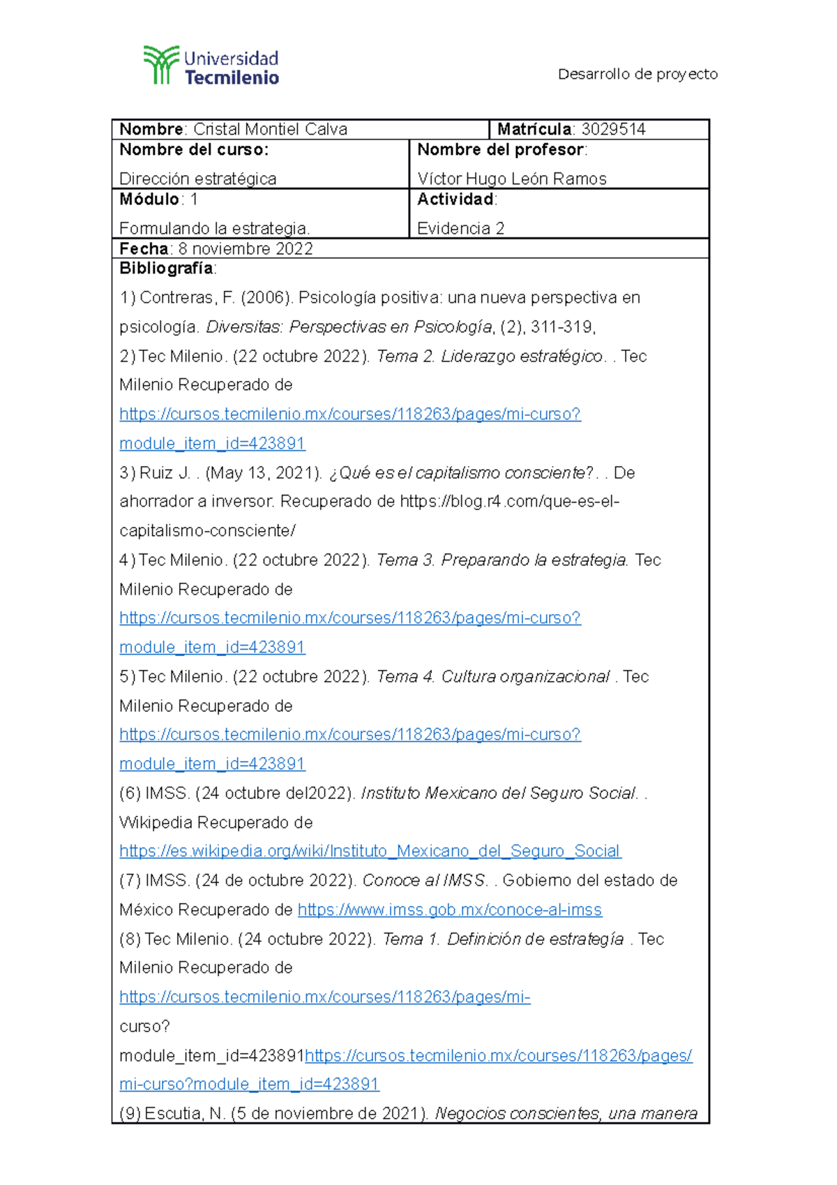 Evidencia 1 Dirección estrategica - Nombre : Cristal Montiel Calva ...