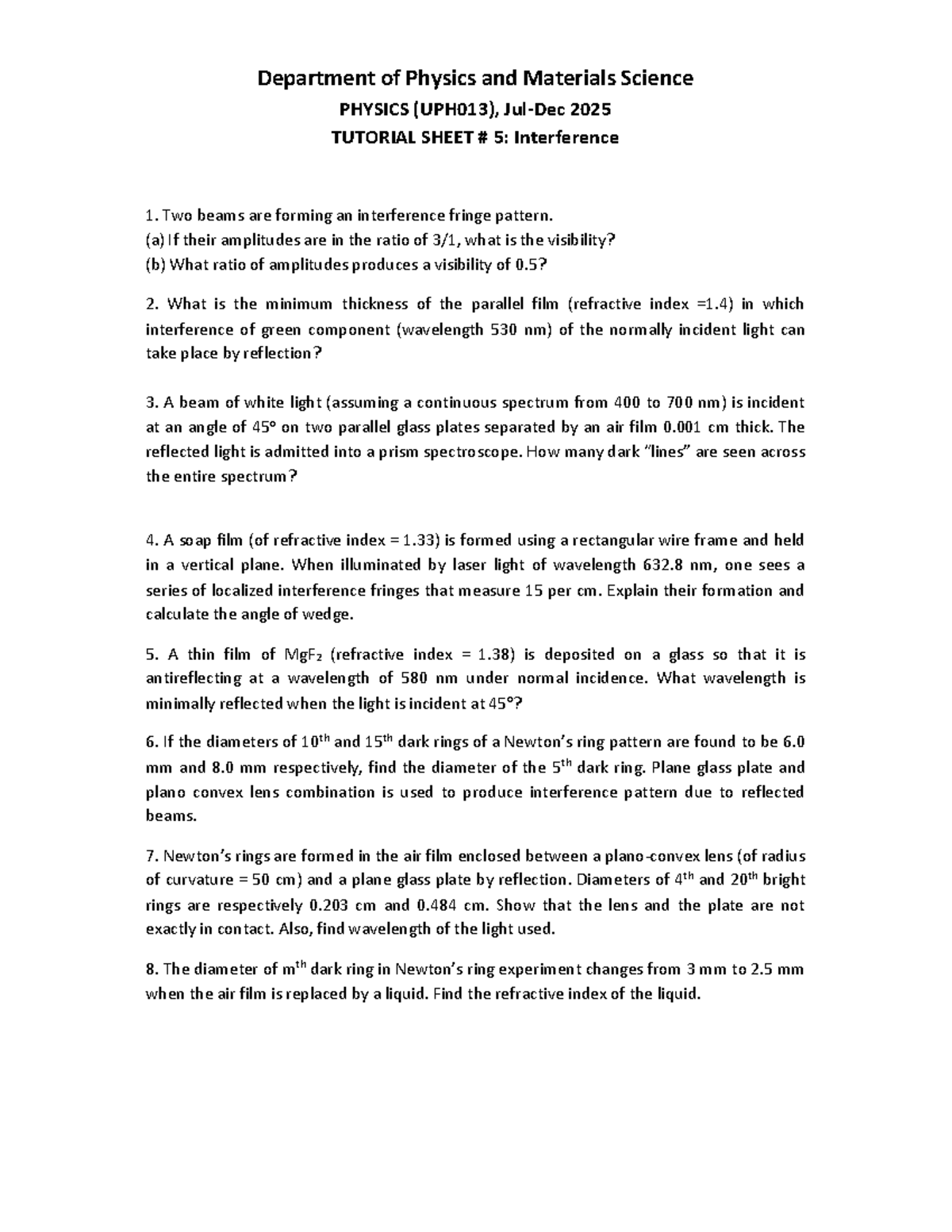 PHYSICS (UPH013) 2025 TUTORIAL SHEET 5: Interference Patterns Analysis ...