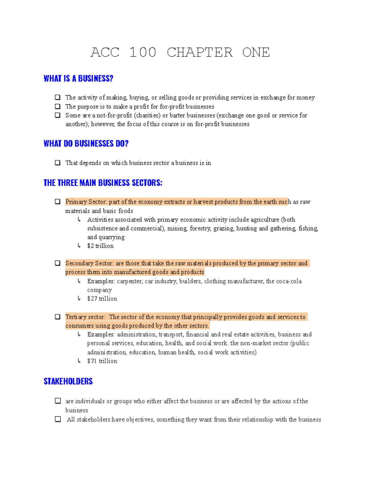 Acc ch1 notes - CH1 - ACC 100 CHAPTER ONE WHAT IS A BUSINESS? The ...
