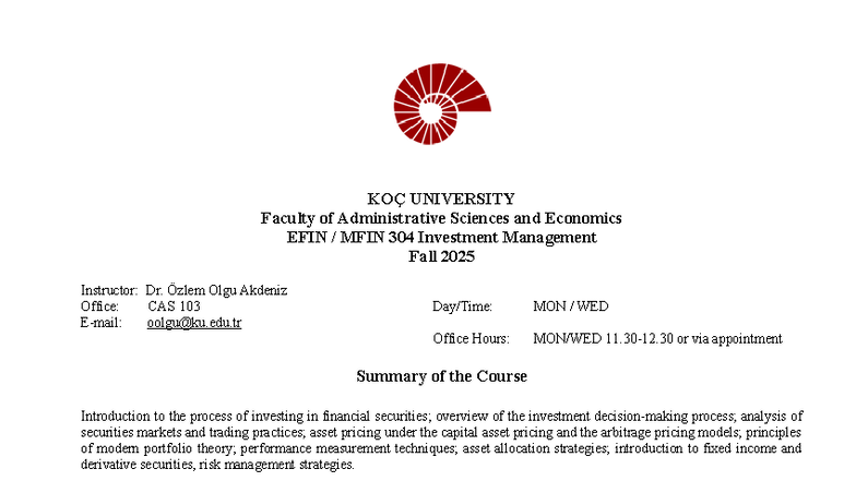 MFIN 304 Investment Management Syllabus - Fall 2025 - Studocu