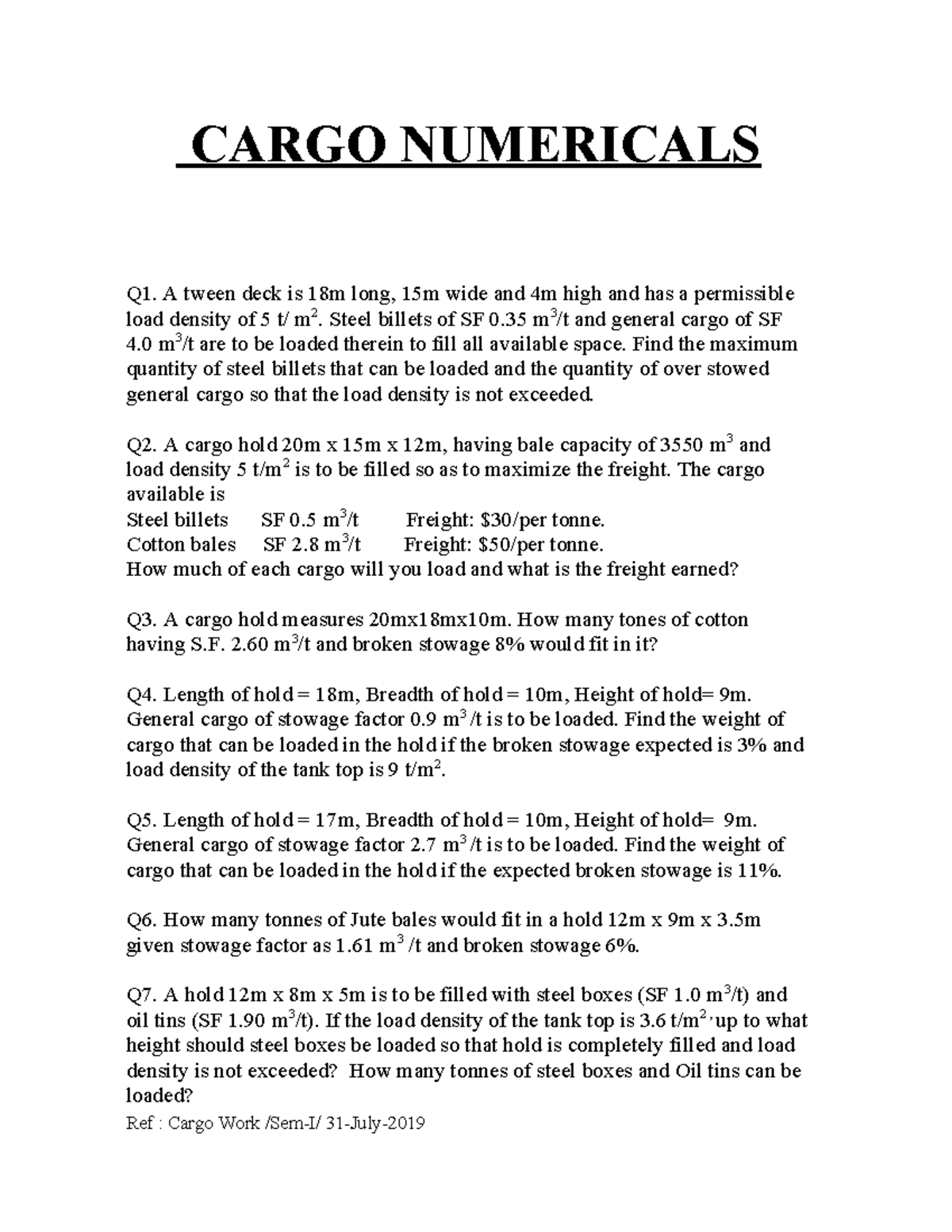 Cargo Numericals - Past Questions - SEM I - Studocu