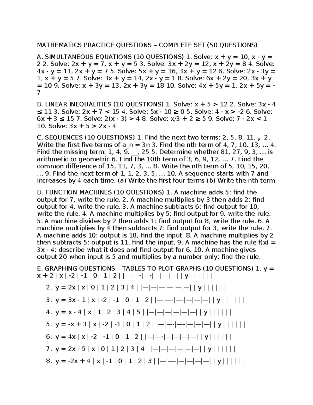 MATHEMATICS PRACTICE QUESTIONS SET (50 Qs) - SIMULTANEOUS EQNS & MORE ...