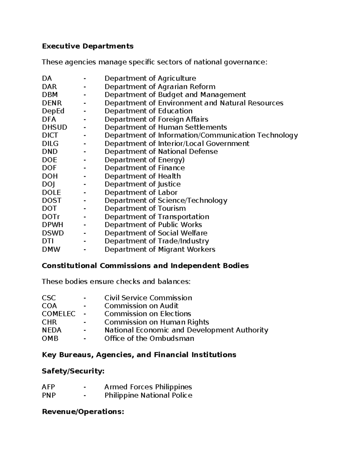 Executive Departments & Agencies Acronyms Guide - Studocu