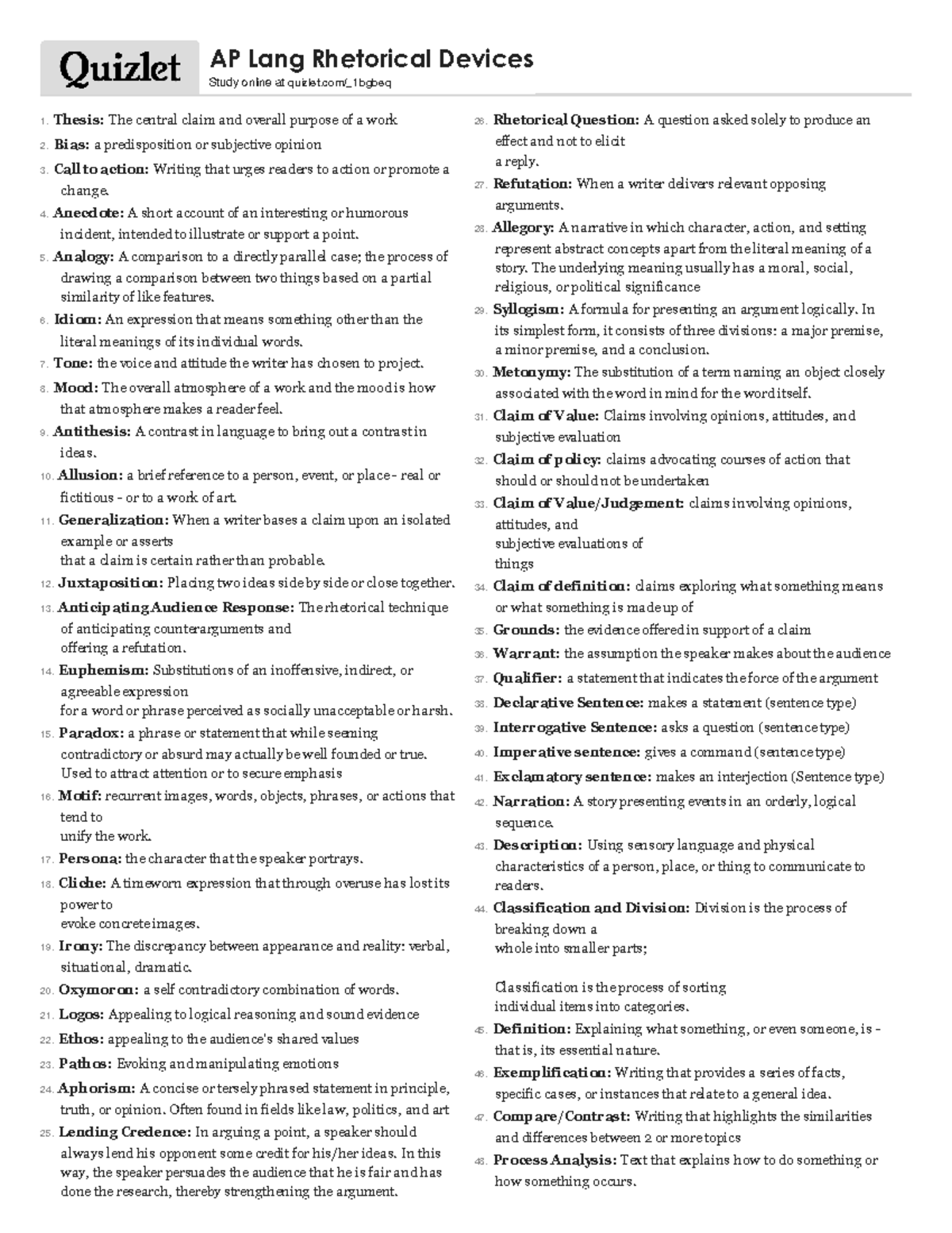 AP Lang Rhetorical Devices Study Guide: Key Terms & Concepts - Studocu