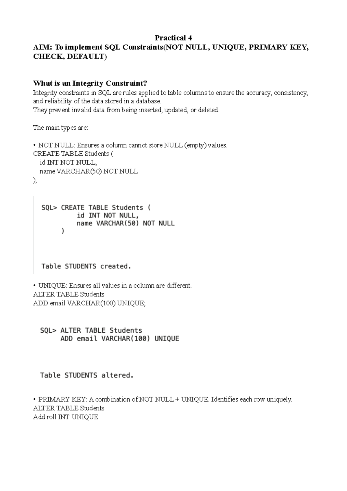 CSP249 Practical 4: Implementing SQL Integrity Constraints - Studocu