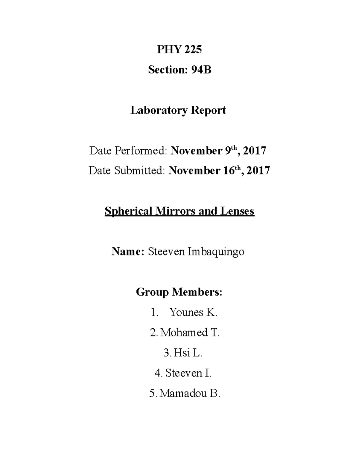 PHY 225 Lab Report: Spherical Mirrors and Lenses Experiment - Studocu