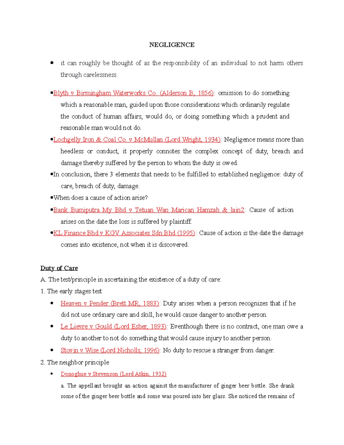 Negligence in Tort Law: Key Concepts and Case Analysis (LAW 101) - Studocu