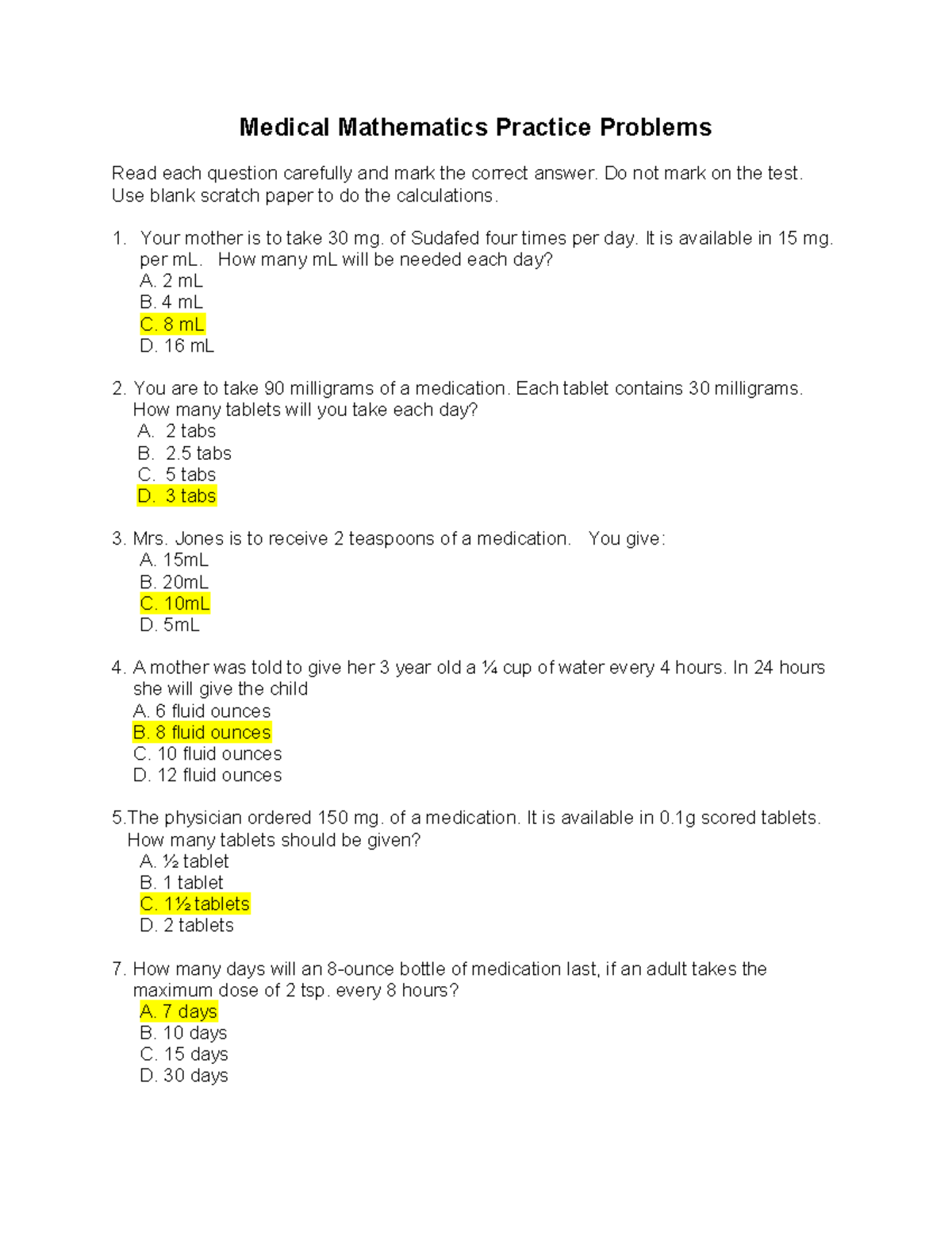 Medical Mathematics Practice Problems (Course Code: MATH101) - Answer ...