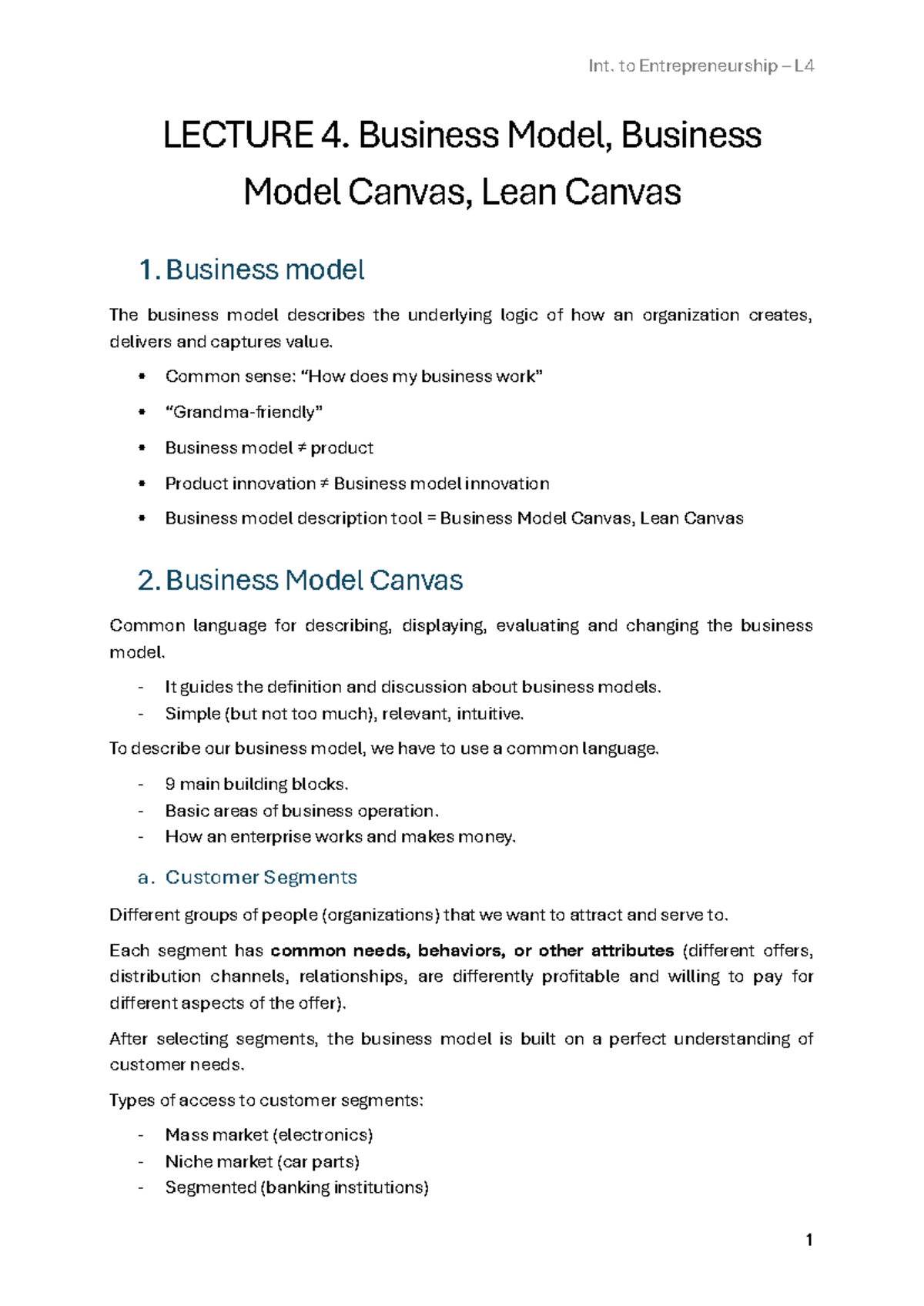 Lecture 4 - Unit 3 - LECTURE 4. Business Model, Business Model Canvas ...