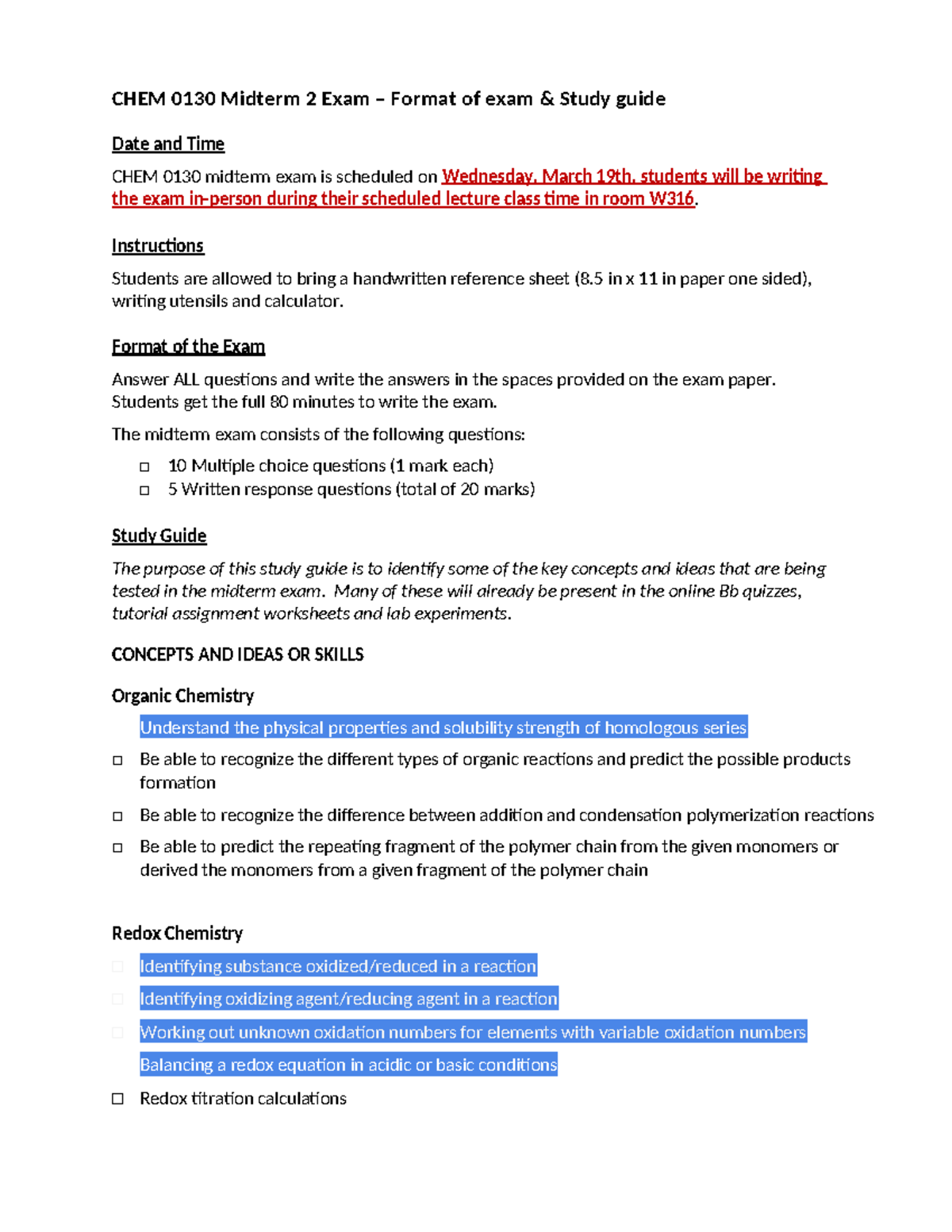 CHEM 0130 Midterm 2 Exam Info & Study Guide for March 19 - Studocu