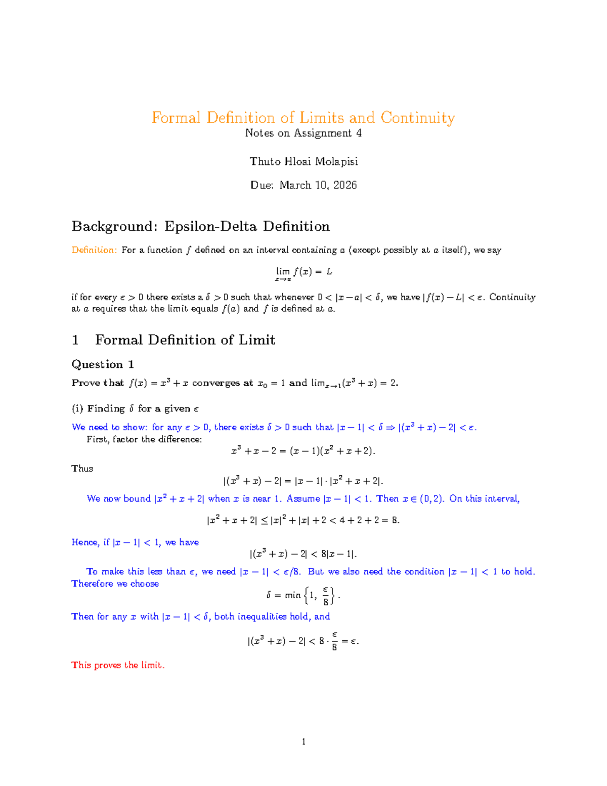 Assignment 4 Notes: Formal Definition of Limits & Continuity - Studocu