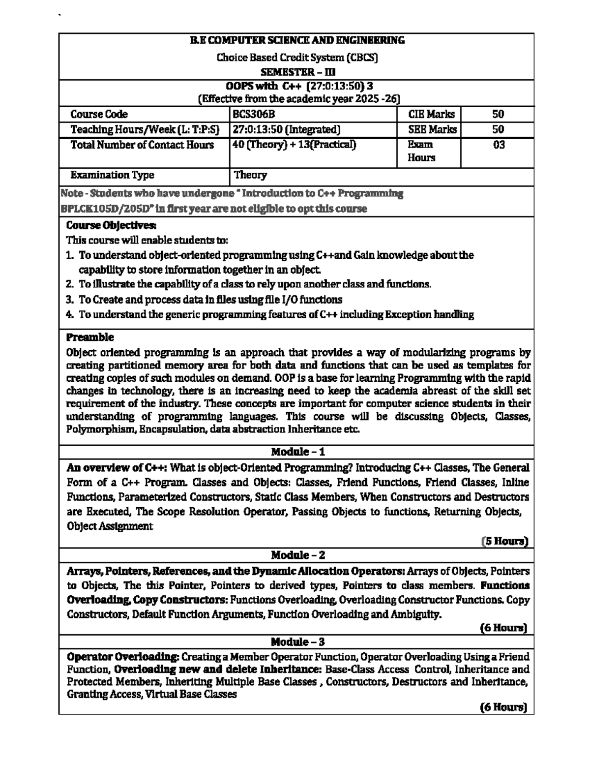 OOPS Syllabus for BCS306B: Choice Based Credit System (CBCS) - Studocu