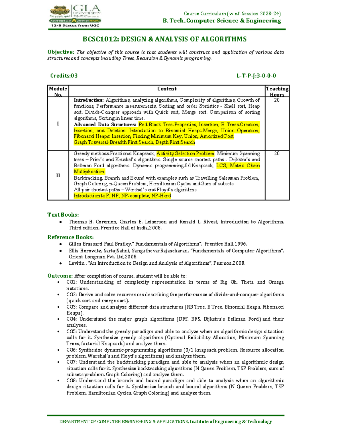 BCSC1012: Design and Analysis of Algorithms Syllabus - Studocu