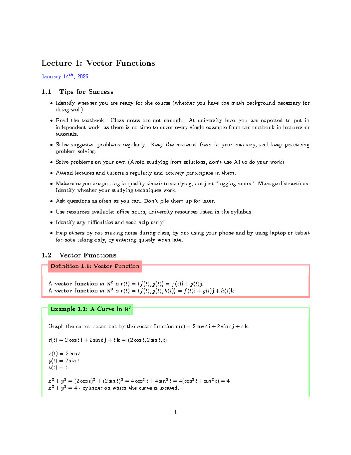 ENGR 233 Lecture 1: Tips for Success with Vector Functions - Studocu