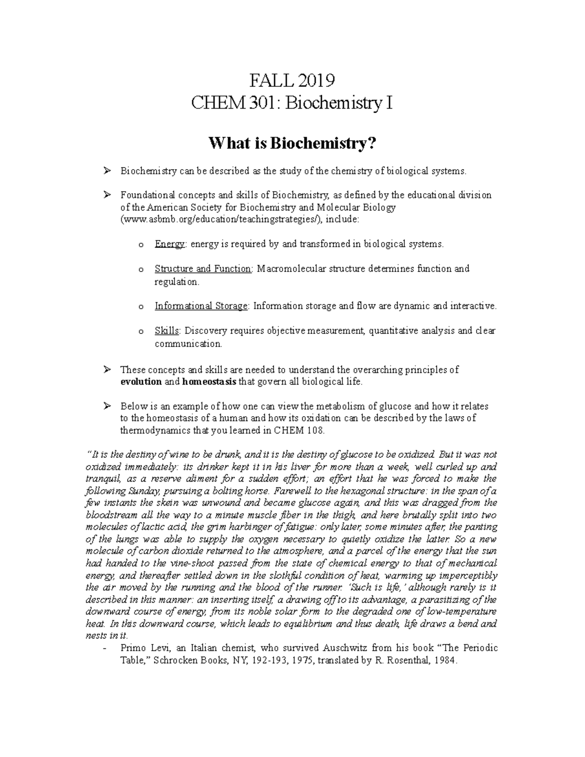 CHEM 301: Biochemistry I Syllabus for Fall 2019 Academic Term - Studocu