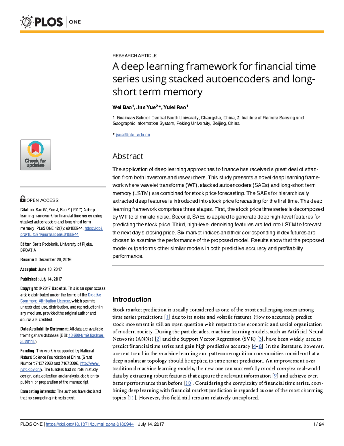 Deep Learning Framework for Financial Time Series: WSAEsLSTM Model ...