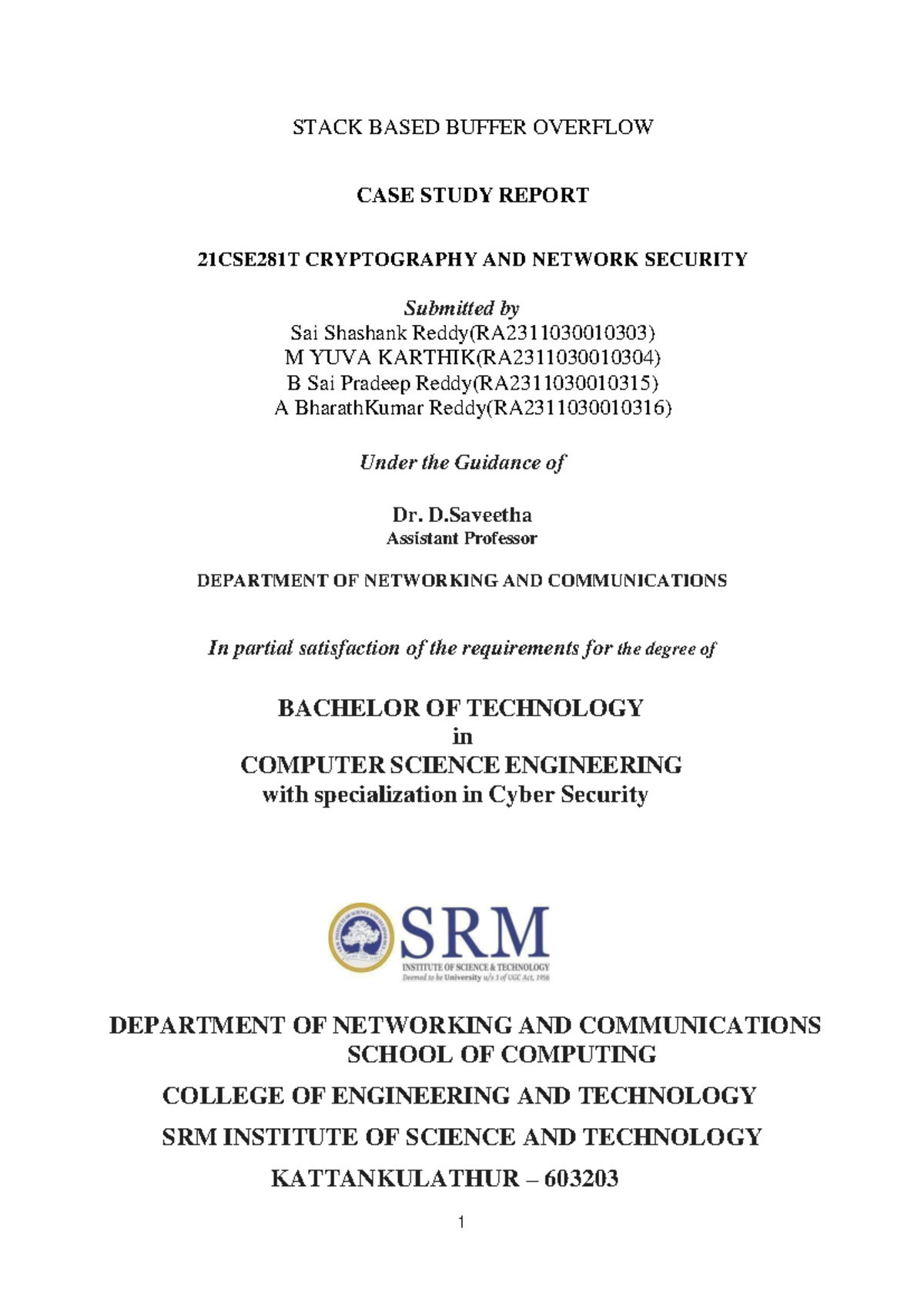 Case Study on Stack Based Buffer Overflow - 21CSE281T CNS - Studocu