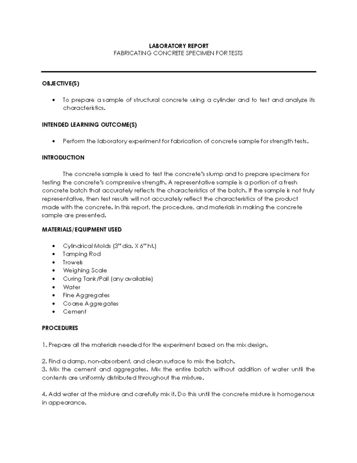 Lab Report: Fabrication of Concrete Specimens for Testing - Studocu