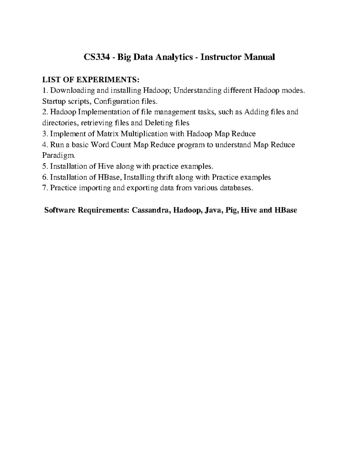 CS334 - Big Data Analytics Lab Manual: Step-by-Step Experiments - Studocu