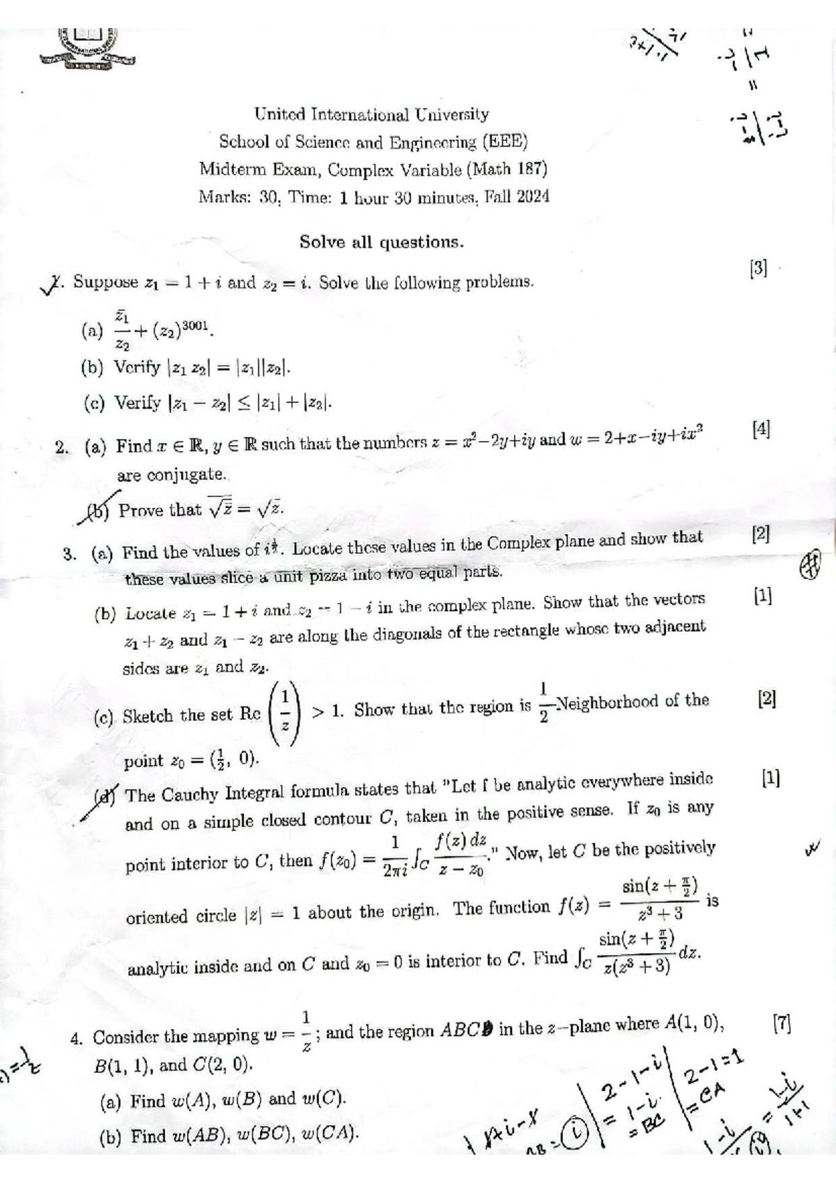 Complex Variable Midterm Exam (Math 187) - Fall 2024 - Studocu