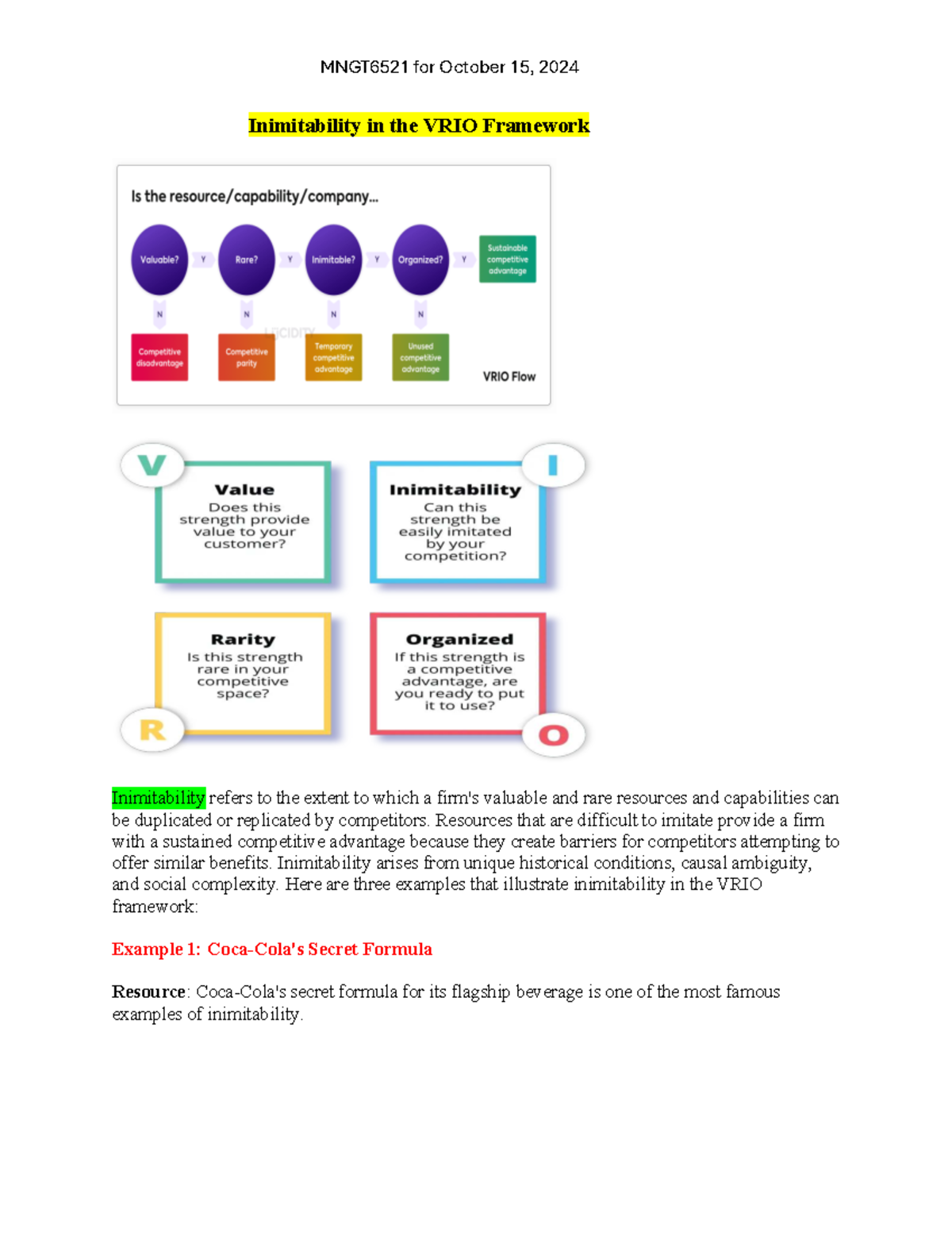 MNGT6521 Final Exam Notes: Inimitability in the VRIO Framework - Studocu